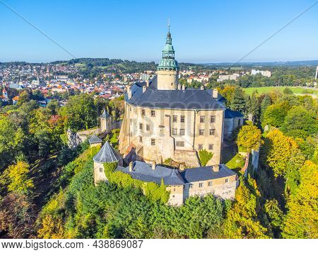 Chateau And Castle Frydlant On Sunny Autumn Day. Frydlant V Cechach, Czech Republic. Aerial View Fro
