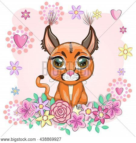 Caracal Steppe Lynx With Beautiful Eyes In Cartoon Style, Colorful Illustration For Children. Caraca