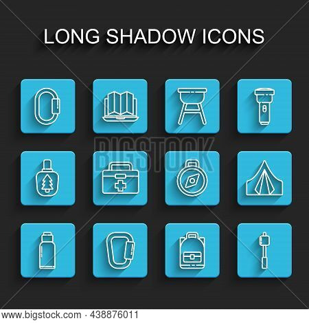 Set Line Canteen Water Bottle, Carabiner, Hiking Backpack, Marshmallow On Stick, First Aid Kit, Tour