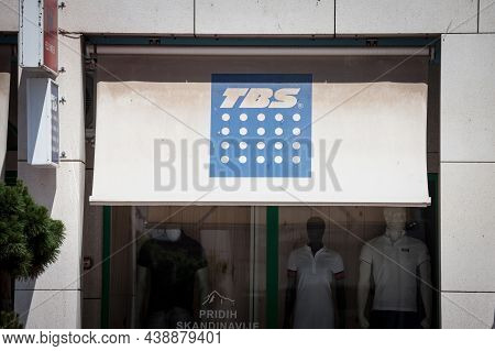 Ljubljana, Slovenia - June 13, 2021: Tbs Fashion Logo In Front Of Their Shop For Ljubljana. Tbs Is A