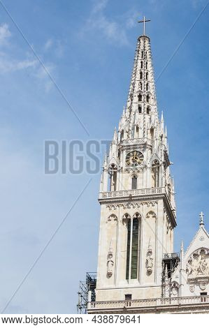 Close Up On The Gothic Clocktower Of Zagrebacka Katedrala, Or Zagreb Cathedral, In Afternoon From Ka