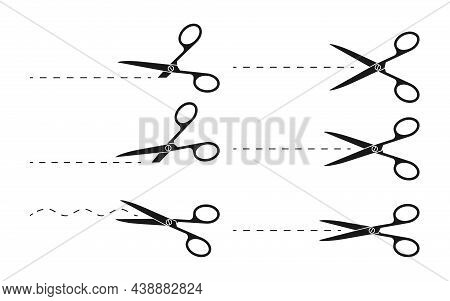 Scissor Black Glyph With Trim Lines Icon. Set Of Simple Template Of Open Scissors With Thin Dotted L