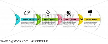 Set Line Steak Meat, Fire Flame, Crossed Fork And Spatula And Barbecue Steel Grid. Business Infograp