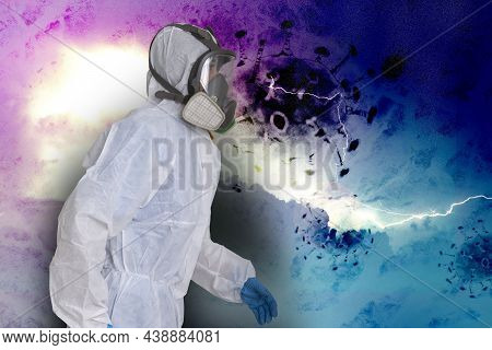 Female Officer Wearing Ppe Protection Suit To Avoid Covid-19 Infection On Terrify Background.