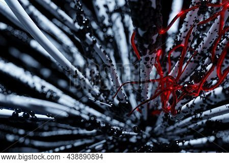 3d Illustration Of A Red Parasite, A Microbe Pest Sneaks Through A Sick Hairy Body Covered With Dise