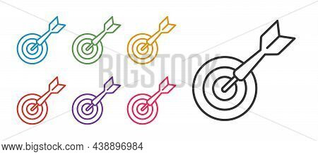 Set Line Classic Dart Board And Arrow Icon Isolated On White Background. Dartboard Sign. Game Concep