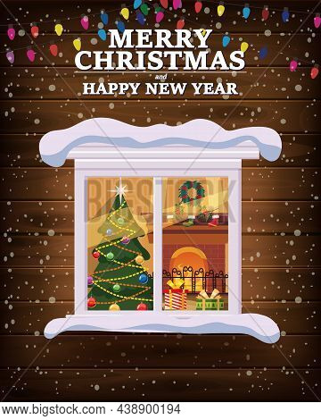 Chrismas Window, Night, Decoraions Garland Retro, Living Room Christmas Tree. Xmas And New Year Holi