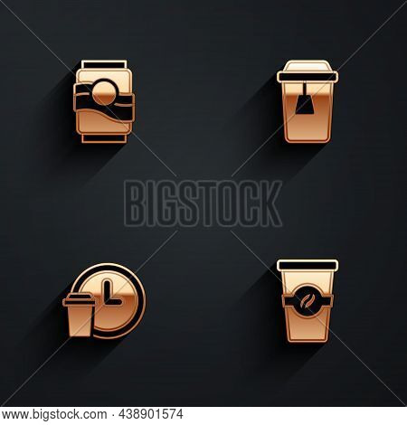 Set Soda Can, Cup Of Tea, Round The Clock Delivery And Coffee Cup To Go Icon With Long Shadow. Vecto