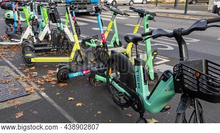 Bordeaux , Aquitaine France - 11 02 2021 : Electric Scooters With Brand Sign Lime Dott Voi Jawls Tie
