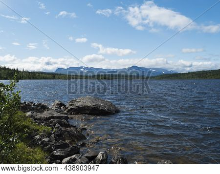 View Over Lake Stuor Dahta In Laponia. Sweden Lapland Nature. Mountains, Birch Trees, Spruce Forest,