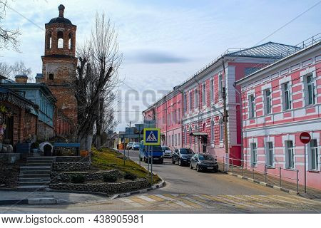 Serpuchov, Russia - April, 12, 2021: cityscape with the image of old russian town Serpuchov in spring