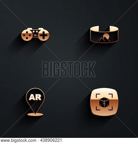 Set Gamepad, 360 Degree View, Augmented Reality Ar And 3d Modeling Icon With Long Shadow. Vector
