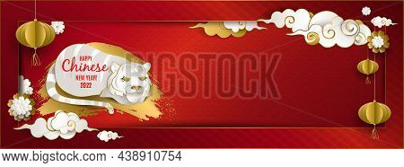 Happy Chinese New Year 2022 Of Tiger. Banner: White Tiger, Clouds, Lantern, Flowers On Red Backgroun