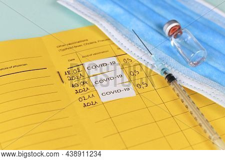 Corina Virus Booster Vaccination Concept Showing Vaccine Passport With 3 Entries