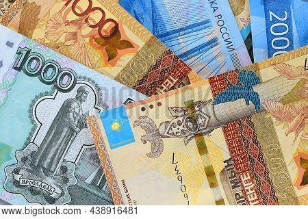 Russian Rubles And Tenge Of Kazakhstan. Currency Exchange Concept. International Trade. Money Backgr