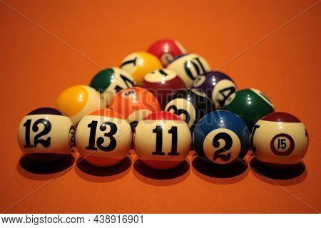 Pool Balls Pyramid On Orange Cloth For Eightball Game