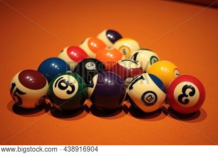 Pool Balls Pyramid On Orange Cloth For Eightball Game