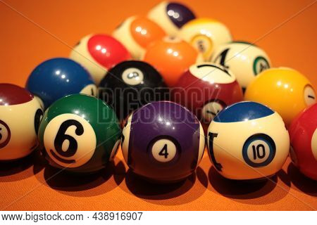 Pool Balls Pyramid On Orange Cloth For Eightball Game