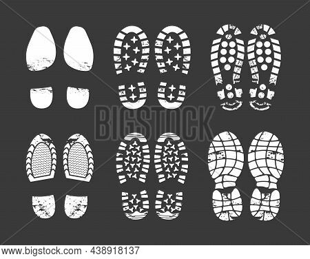 Human Footprint. Footwear Steps Silhouette, Shoes, Boots, Sneakers Footstep Print Of Men And Women, 