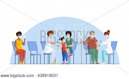 People Vaccination For Immunity Health. Family, Elderly Queue Up For Vaccinations. Nurse In Clinic G