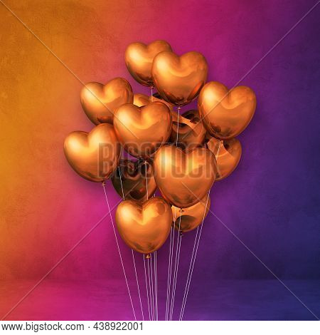 Copper Heart Shape Balloons Bunch On A Rainbow Wall Background. 3d Illustration Render
