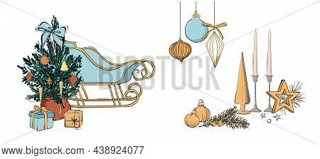 Christmas Tree Decorated With Baubles, Balls, Tender Blue Xmas Decoration , Christam Eve Candles Ico