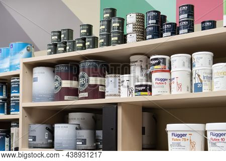 Russia, Moscow: June 28, 2021. Shelving With High Quality Eco-friendly Interior Paints In The Shop.