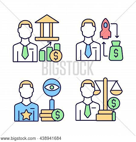 Finance Investment Jobs Rgb Color Icons Set. Stock Market Experts And Analysts. Fund Raising Profess