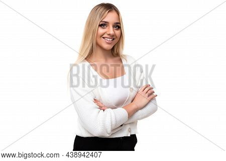 Photo Of A Beautiful Pretty Amazing Positive Smiling Happy Young Blonde Woman With Makeup In A Styli