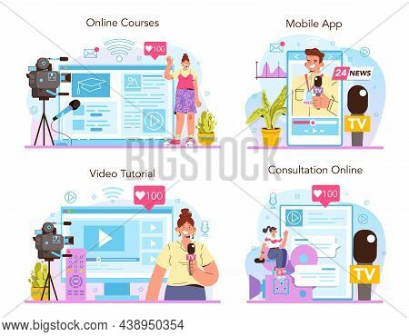 Tv Presenter Online Service Or Platform Set. Television Host In Studio