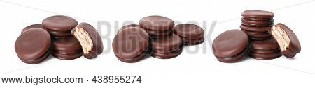 Set With Tasty Choco Pies On White Background. Banner Design