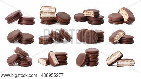 Set With Tasty Choco Pies On White Background. Banner Design