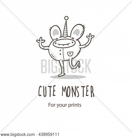 Vector Card With Cute Cartoon Monster. Funny Fictional Animal . Doodle Line Art Creature Print. Chil