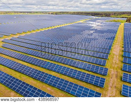 Solar Panel Produces Green, Environmentaly Friendly Energy From The Setting Sun. Aerial View From Dr