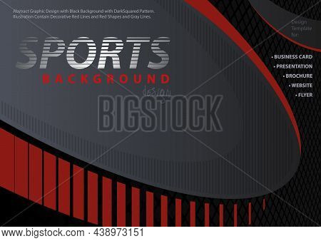 Abstract Red-black Background In Sport Style With Curved Shapes On Dark Background With Black Grid A