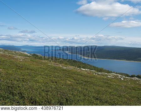 View On Tjaktjajaure Lake, Valley From Kungsleden Hiking Trail In Sarek National Park, Sweden Laplan