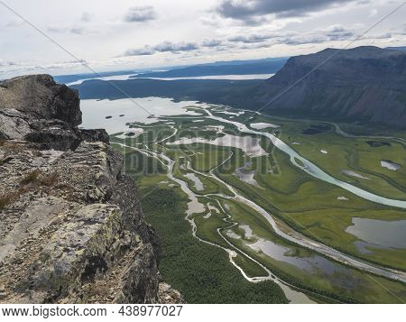 Aerial Scenic View From Skierffe Rock Summit On Glacial Rapadalen River Delta Valley At Sarek Nation