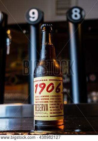 Extremadura, 11.05, 2021. Bottle Of Estrella Galicia 1906 On A Bar Counter. Estrella Galicia Is Prod