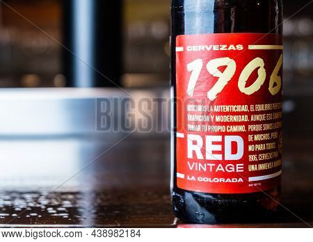Extremadura, 11.05, 2021. Bottle Of Estrella Galicia 1906 On A Bar Counter. Estrella Galicia Is Prod