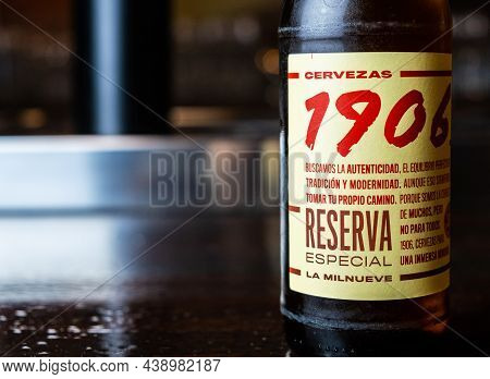 Extremadura, 11.05, 2021. Bottle Of Estrella Galicia 1906 On A Bar Counter. Estrella Galicia Is Prod
