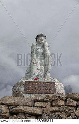 SAN MARTINO DI CASTROZZA,ITALY - DECEMBER 26, 2015: Monument at the end of the trekking 