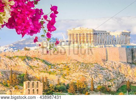 Famous Skyline Of Athens With Acropolis Hill With Pathenon Temple With Flowers, Athens Greece