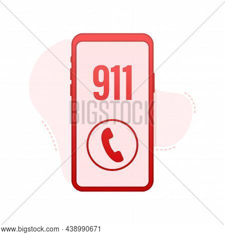 911 Smartphone In Flat Style. Call Icon Vector. Hand Holding Smartphone. First Aid. Finger Touch Scr