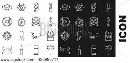 Set Line Medieval Axe, Chevron, Japanese Ninja Shuriken, Dynamite Stick And Timer Clock, Compass, Ro