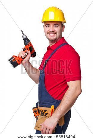 smiling worker on white background