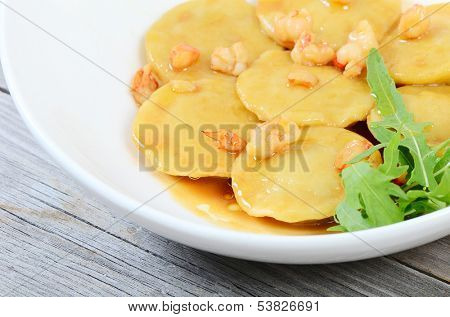 House ravioli the filled fillets dorado with sauce from shrimps