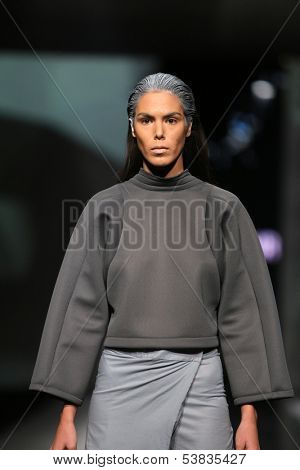 ZAGREB, CROATIA - OCTOBER 17: Fashion model wearing clothes designed by Petra Vuletic and Sasa Hortig on the 'Fashion.hr' show on October 17, 2013 in Zagreb, Croatia.