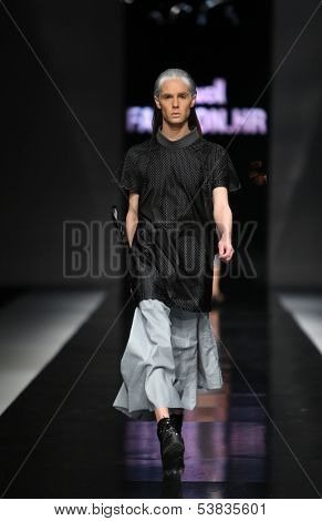 ZAGREB, CROATIA - OCTOBER 17: Fashion model wearing clothes designed by Petra Vuletic and Sasa Hortig on the 'Fashion.hr' show on October 17, 2013 in Zagreb, Croatia.