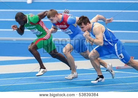 GOTHENBURG, SWEDEN - MARCH 1 Aleksander Brednev (Russia) places 3rd in heat 3 of the men's 60m event during the European Athletics Indoor Championship on March 1, 2013 in Gothenburg, Sweden.