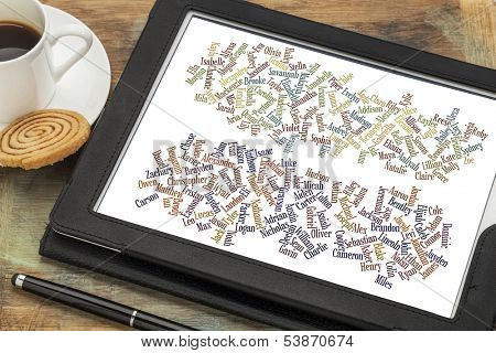 most popular girl and boy baby names in 2012 - word cloud on a  digital tablet with a cup of coffee